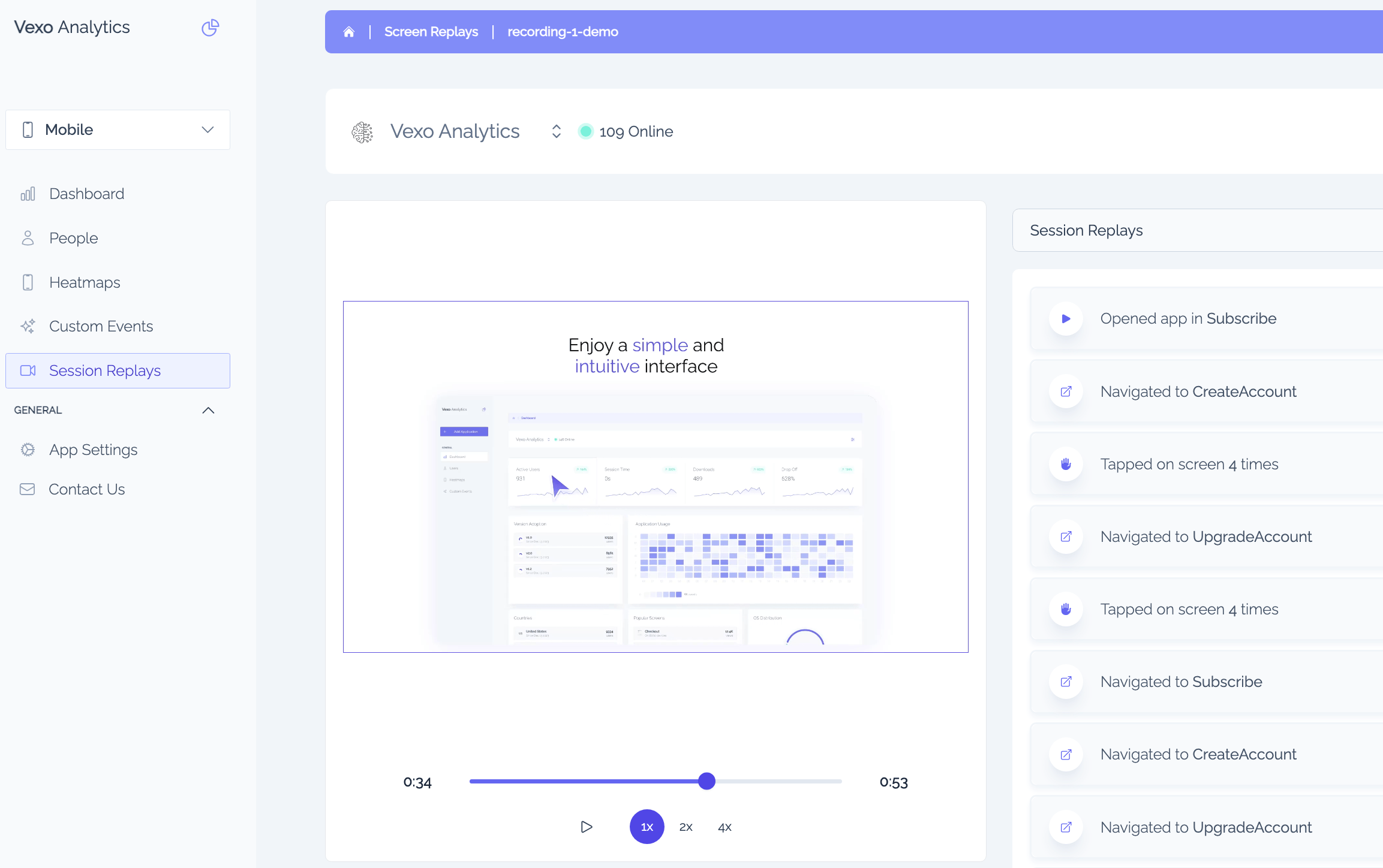 Vexo Session Replays Dashboard showing video playback of user navigating a mobile app with event timeline
