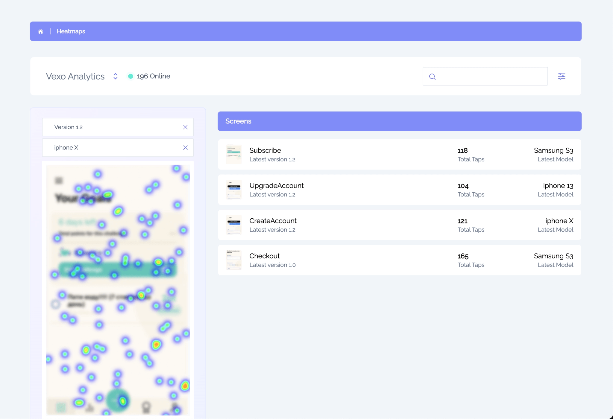 Vexo Heatmaps showing tap interaction patterns on mobile screens with screen-level analytics