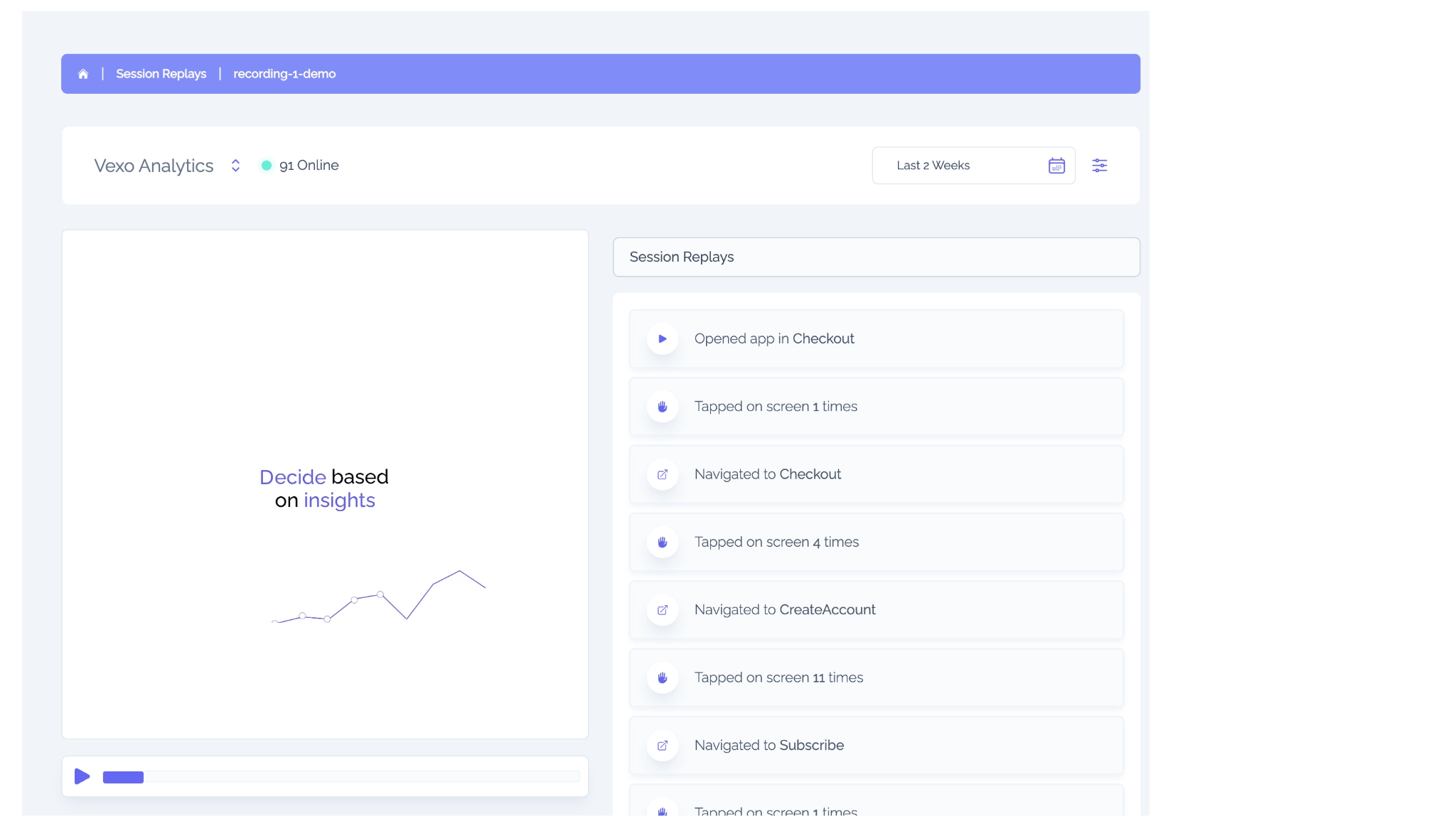 Vexo session replay dashboard showing user interactions, including taps and screen navigation, used to analyze user behavior and identify churn touchpoints