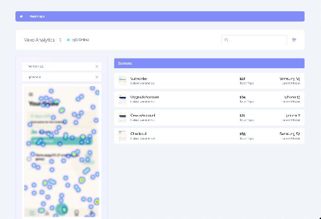 Vexo heatmap showing user interactions on app screens like Subscribe, CreateAccount, and Checkout