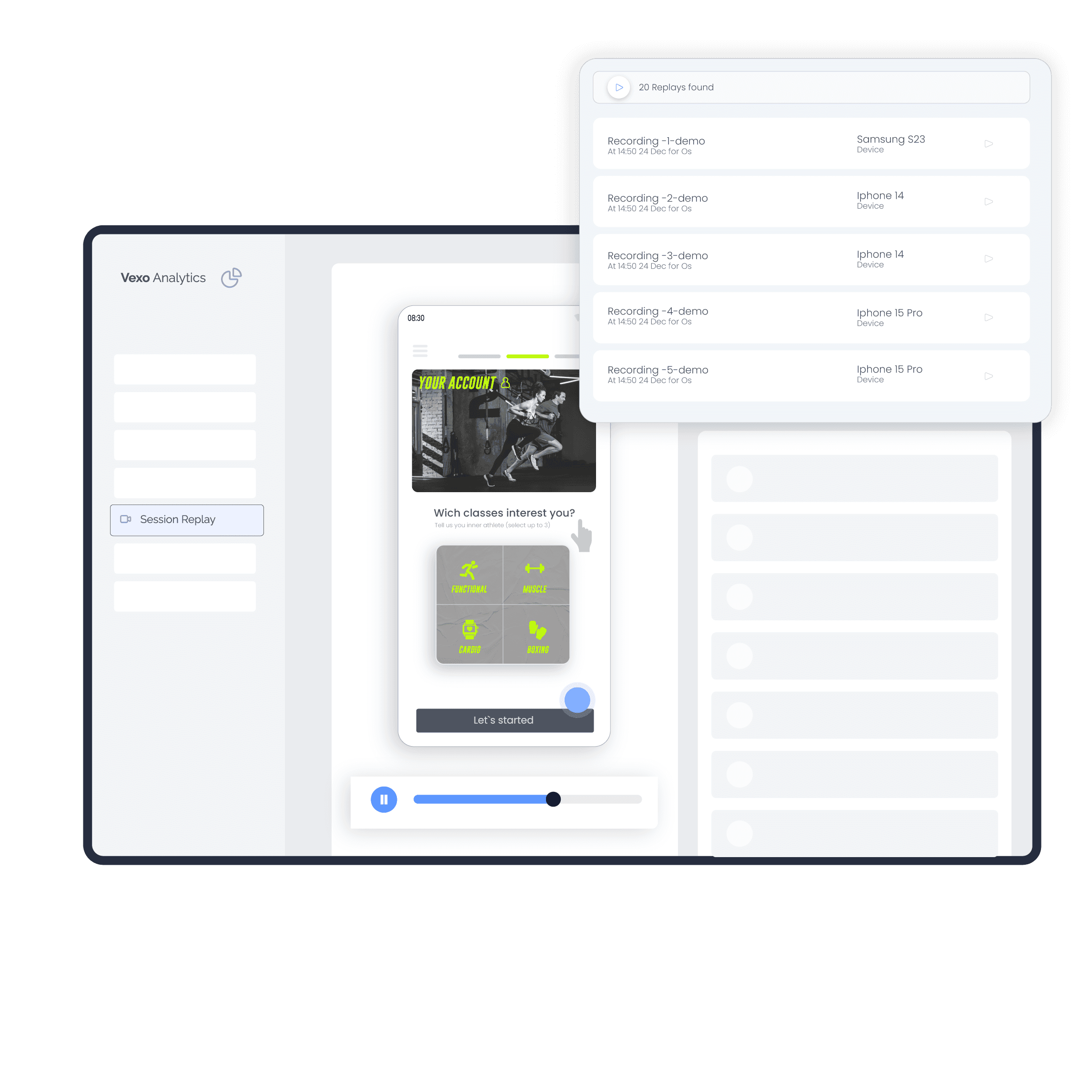Session replays dashboard with user action analysis and engagement heatmap