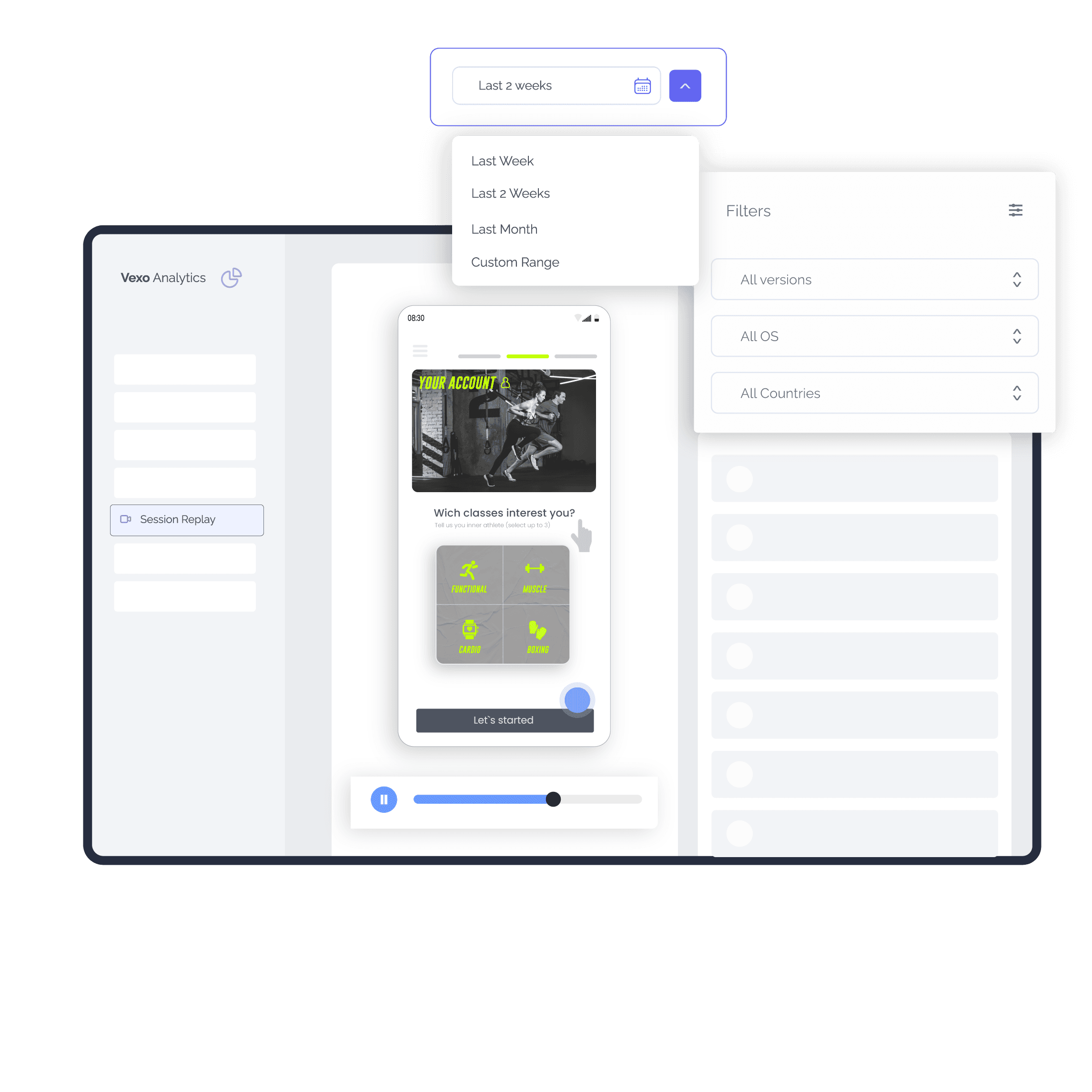 Session replay filtering interface showing filters by events, dates, and devices