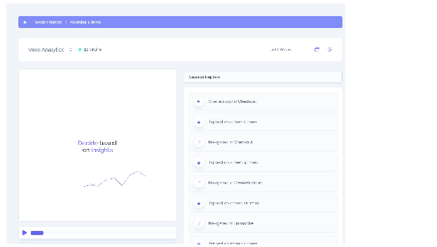 Vexo Session Replay interface showing user interactions and UI states, with actions like 'Opened app in Checkout' and 'Navigated to CreateAccount' displayed in the session log